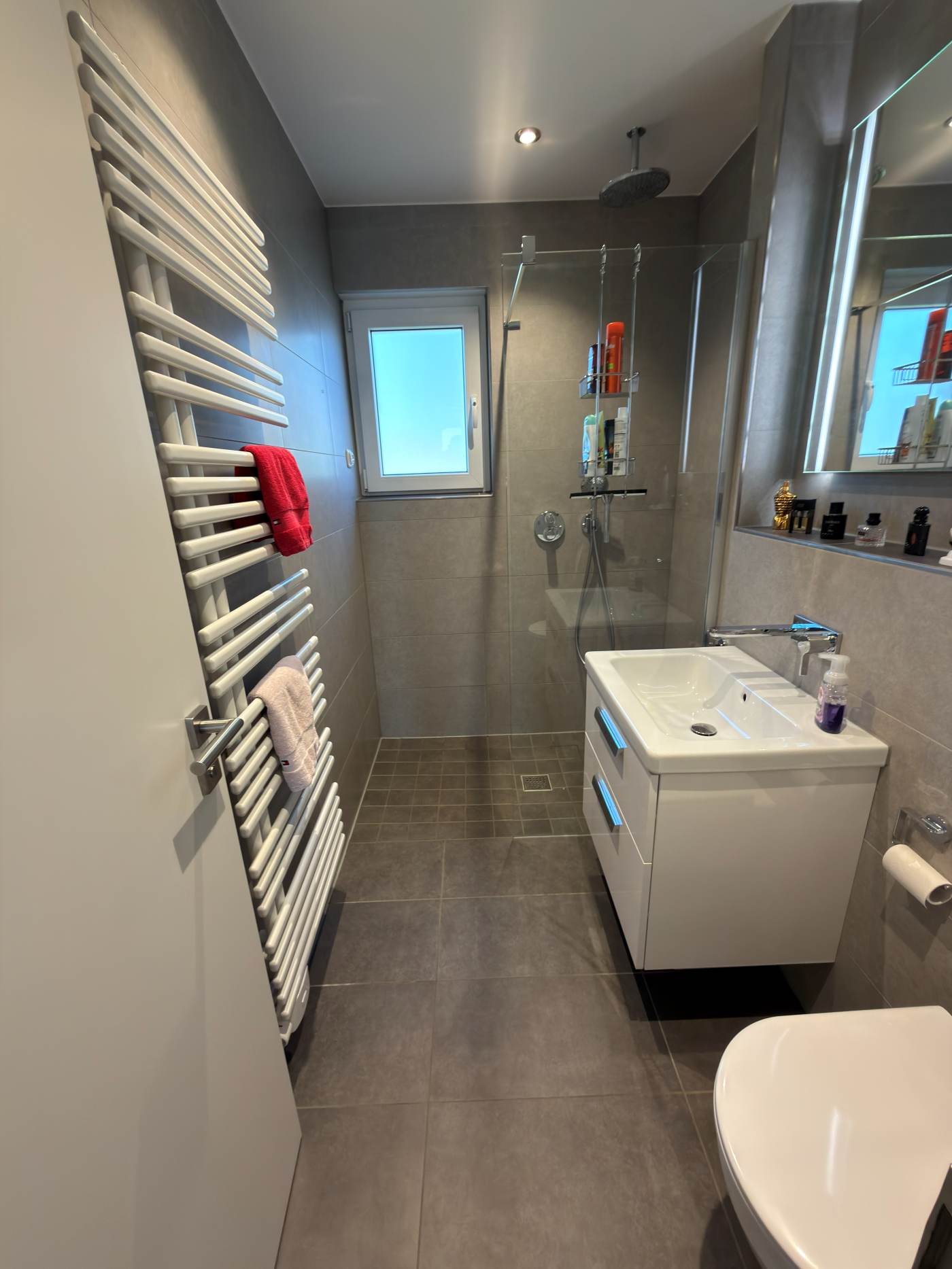 Modernes Duschbad in Grau mit bodengleicher Glasdusche